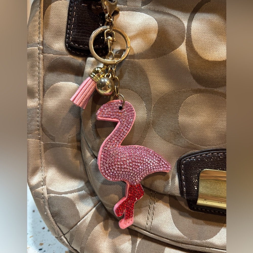 Pink Flamingo Keychain or Handbag Charm with Gold Accents‎